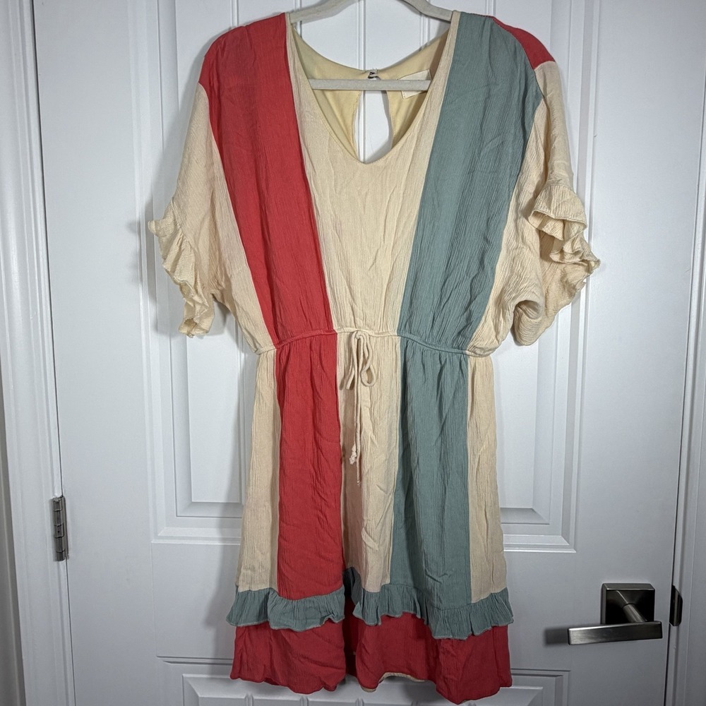 143 Story by Line Up Colorblock Ruffle Sleeve Tie Waist Boho Dress Medium